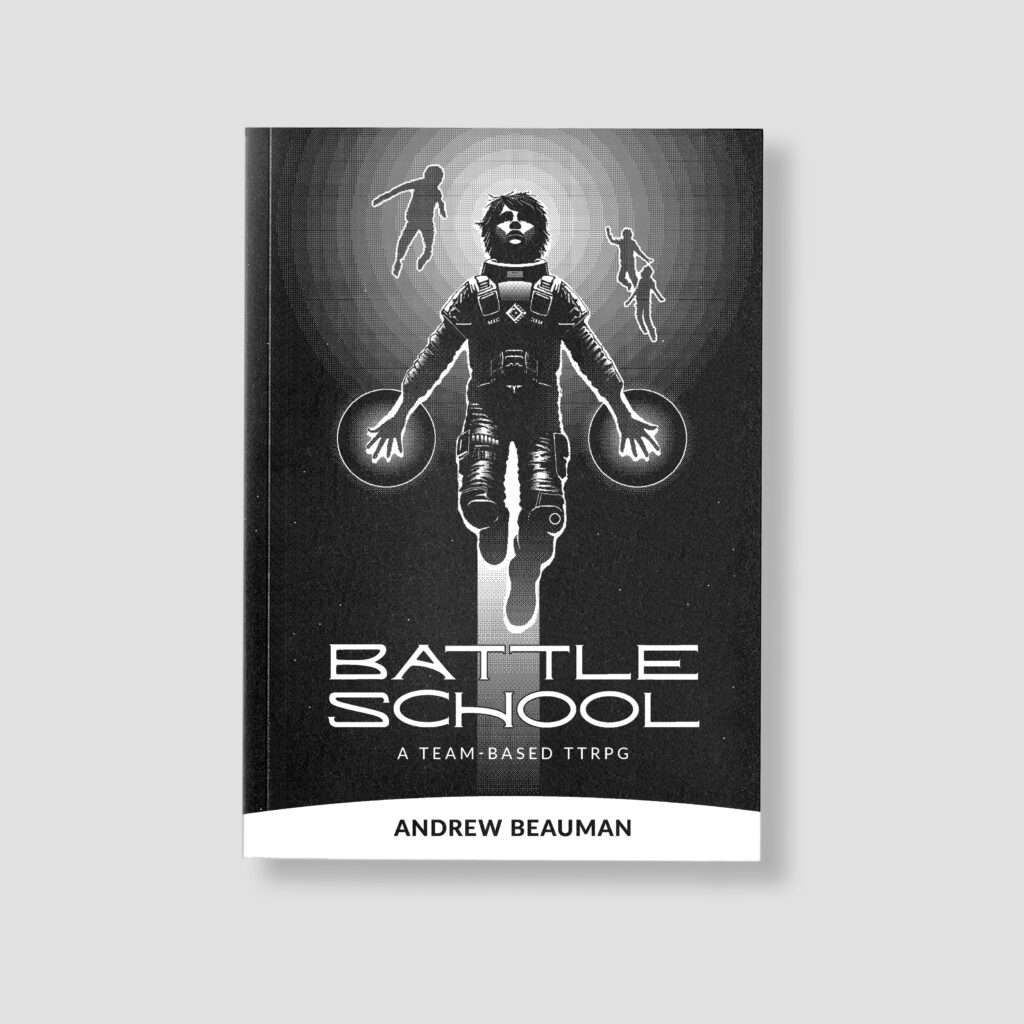 The cover of Battle School depicting a cadet floating above the words Battle School. In the background are a few other cadets floating near a large white sunburst.